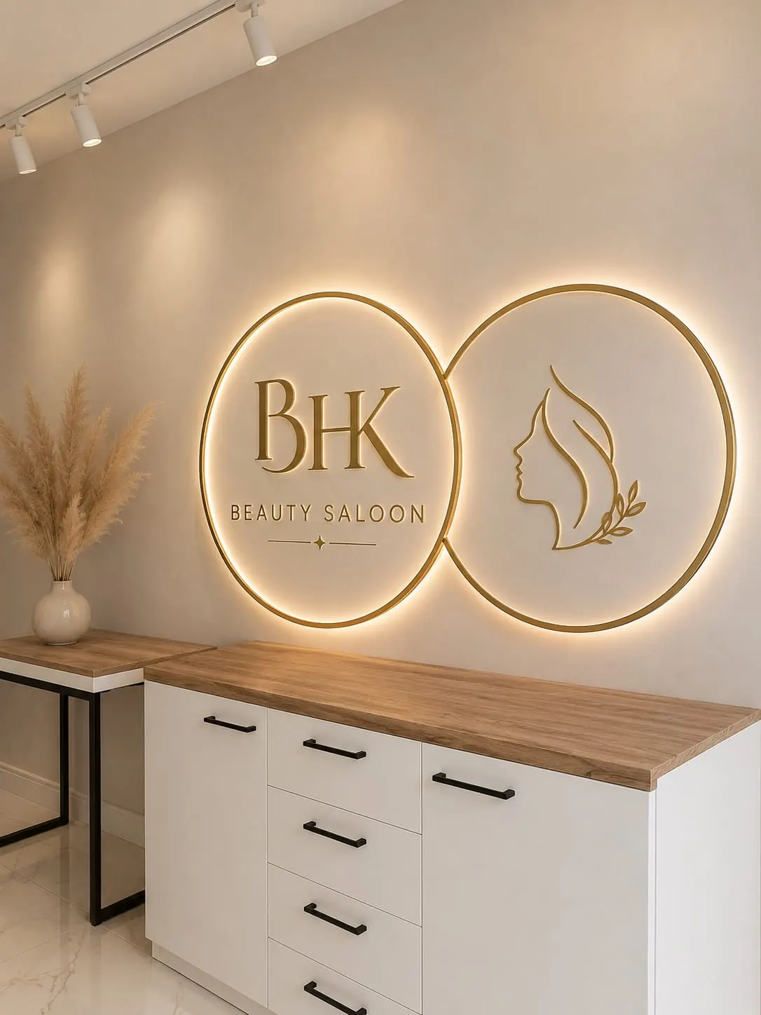 Custom salon wall logo and branding created by Neelavarn in Ajman, UAE
